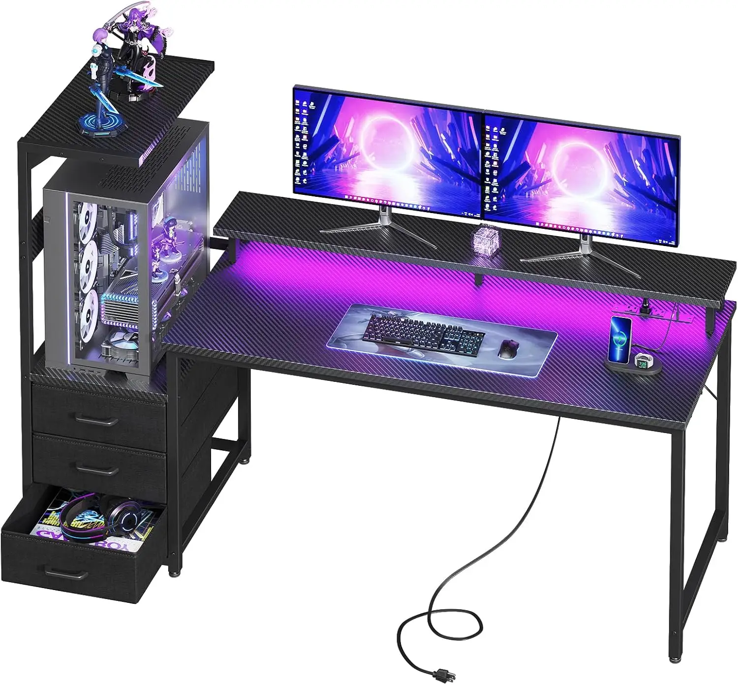 Pc Gaming Lian Li - ゲーミングデスク（PC展示台付き）、59インチリバーシブル、RGB LED、ブラック | 高さのあるスタンドはLian Li O11、Hyte