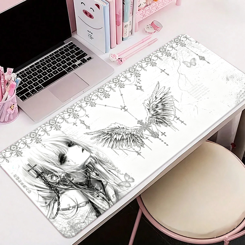 Pc Gaming White - レザーマウスパッド黒白アニメ美学エンジェルガールマウスパッドオフィスアクセサリーPCゲームキーボードEスポーツHDデスクマット