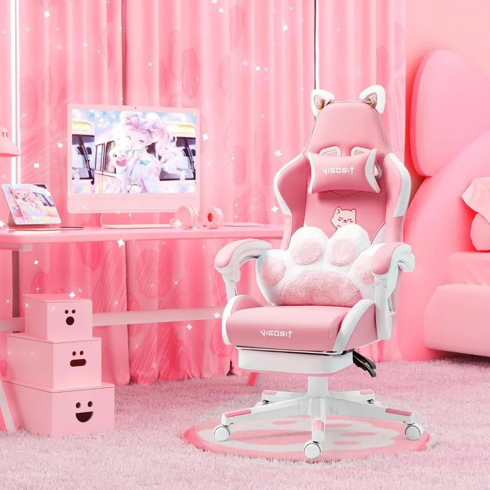 ピンクのゲーミングチェア、猫の足型ランバーサポートと猫耳付き - Pc Gaming Quotes のレビューと価格