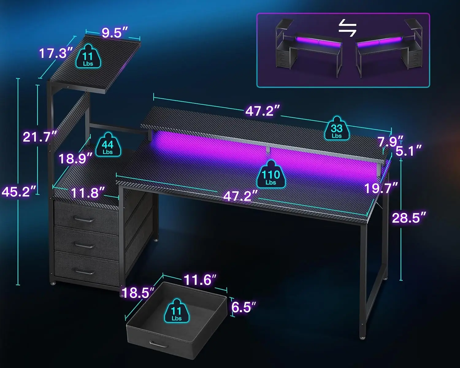ゲーミングデスク（PC展示台付き）、59インチリバーシブル、 - Pc Gaming Lian Li のレビューと価格